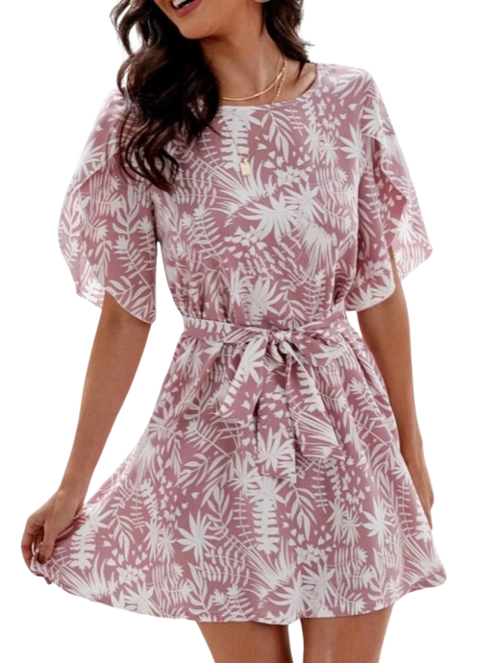 Boho tropical belted shirt dress